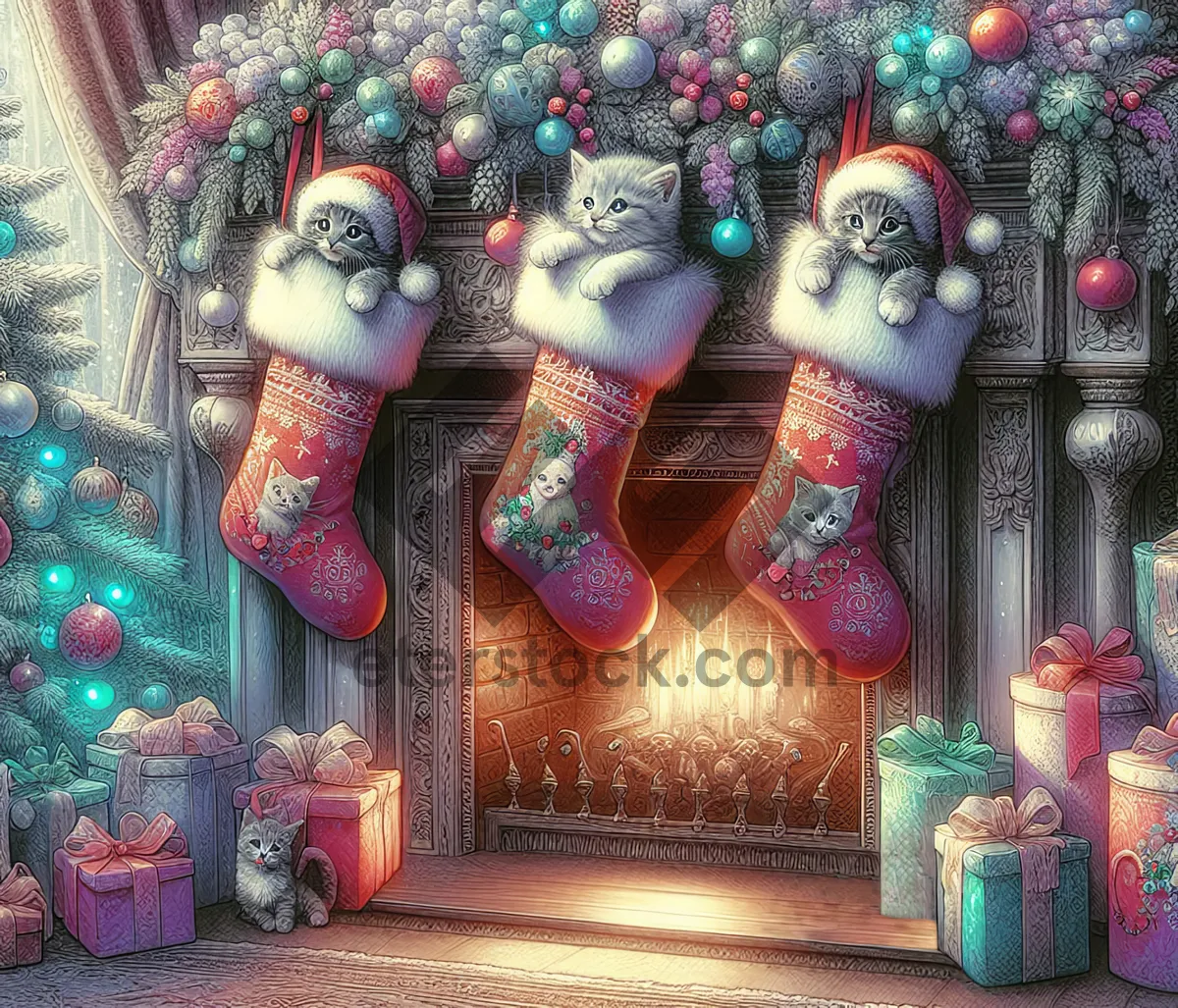 Picture of Watercolor Kittens In Christmas Stockings