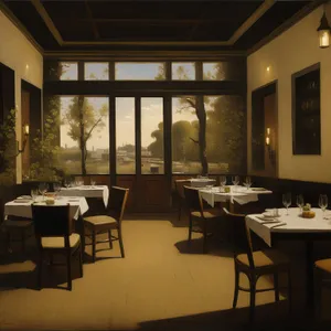 Modern interior design of luxury restaurant with wooden furniture