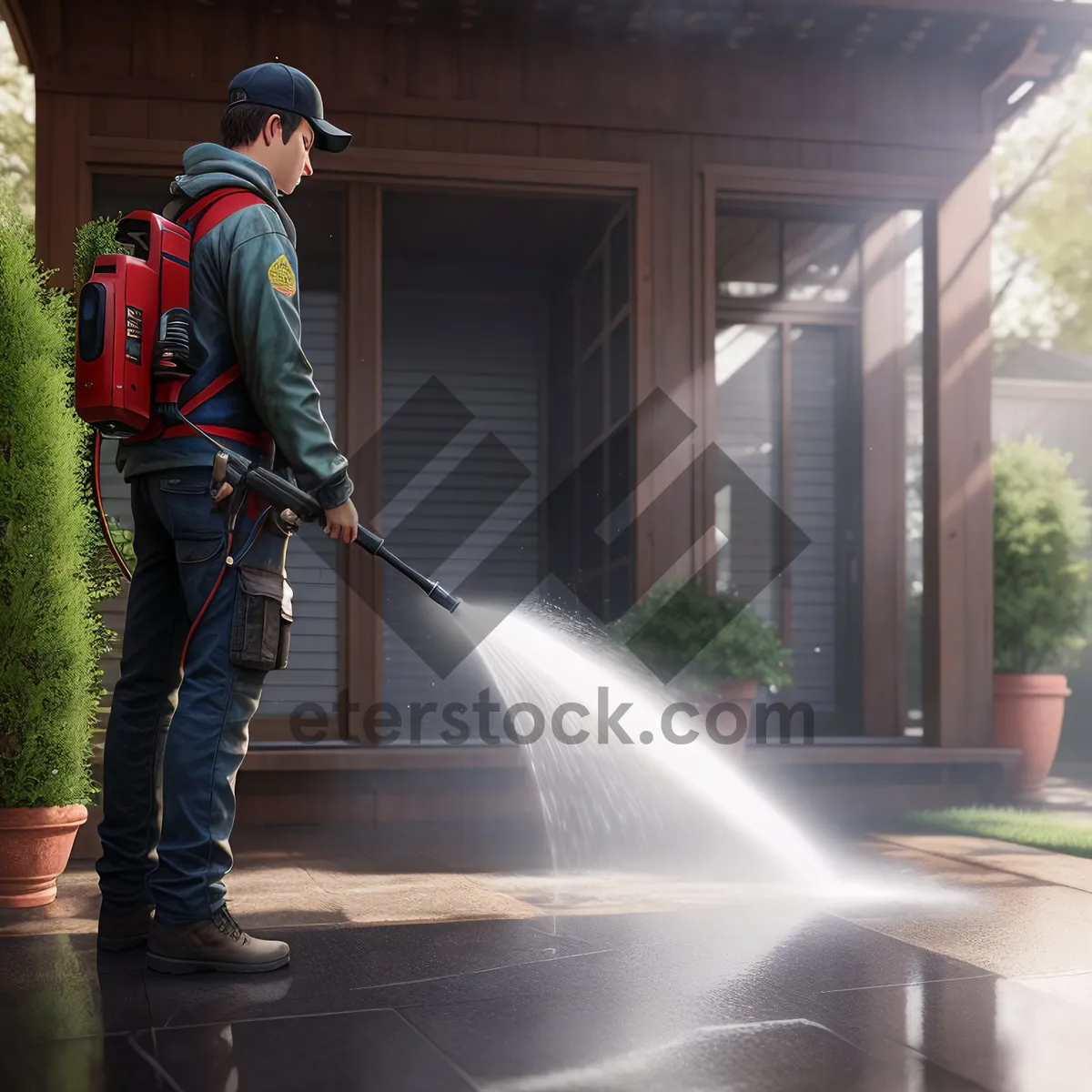 Picture of Male Cleaner Using Crutch Outdoors with Device