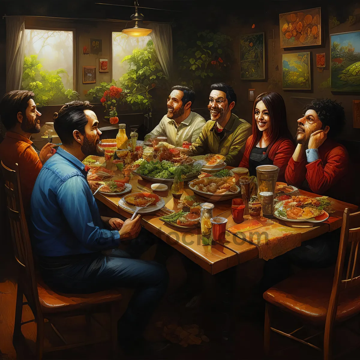 Picture of Happy man eating dinner at restaurant with friends