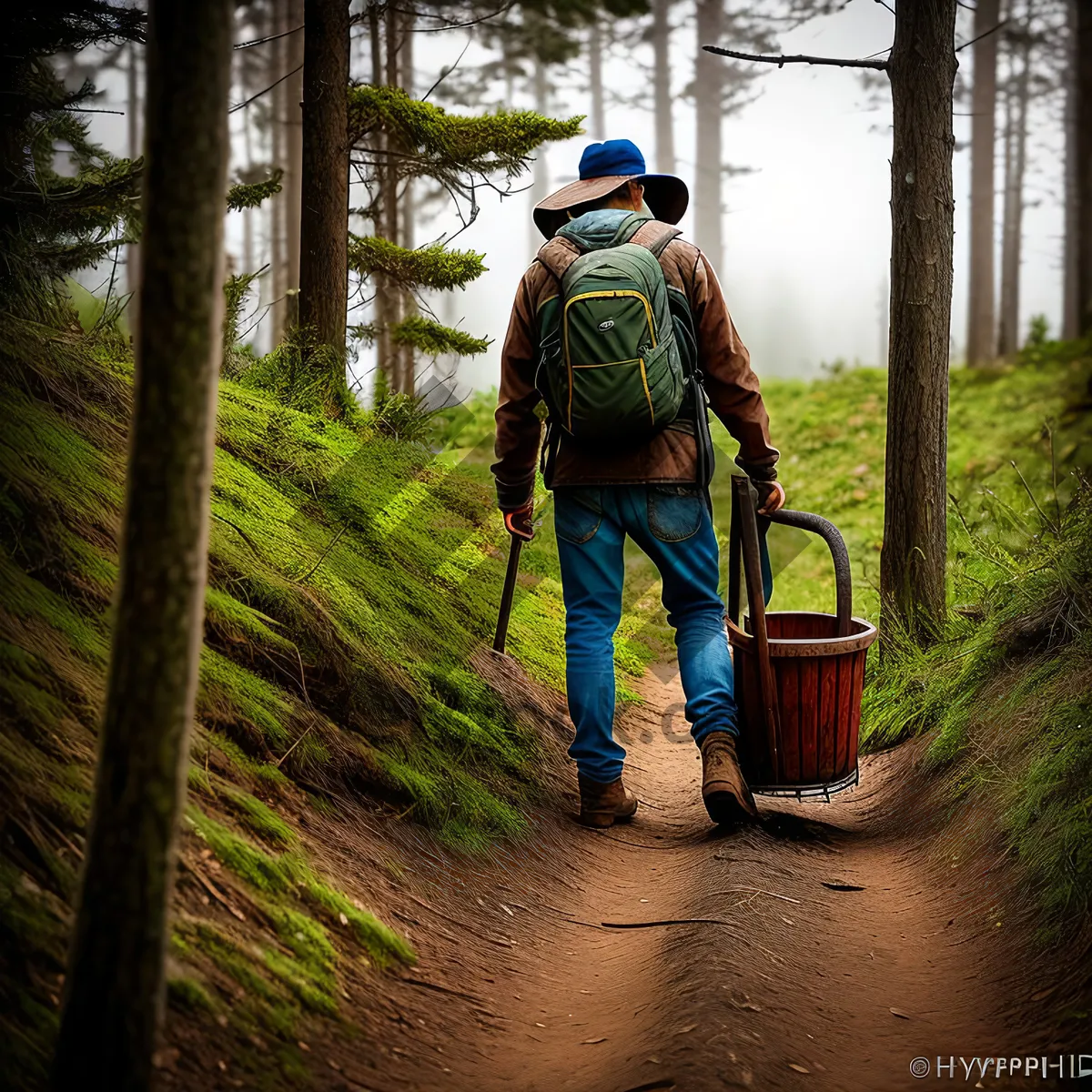 Picture of Man Trekking with Hiking Staff in Outdoor Adventure