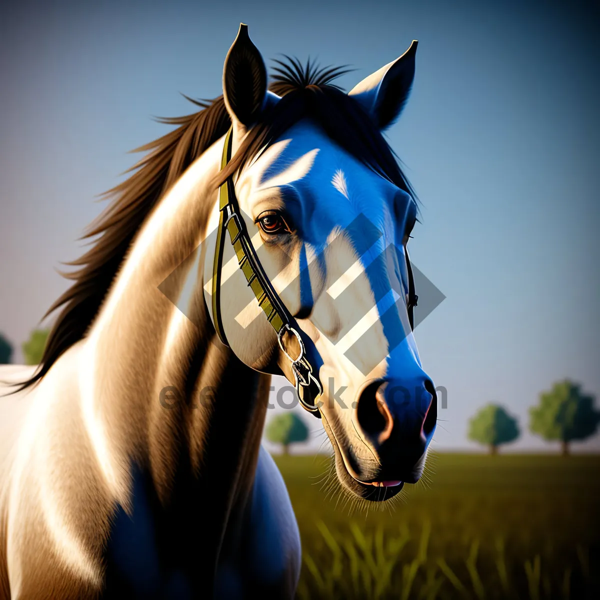 Picture of Majestic Thoroughbred Stallion Galloping in Green Meadow