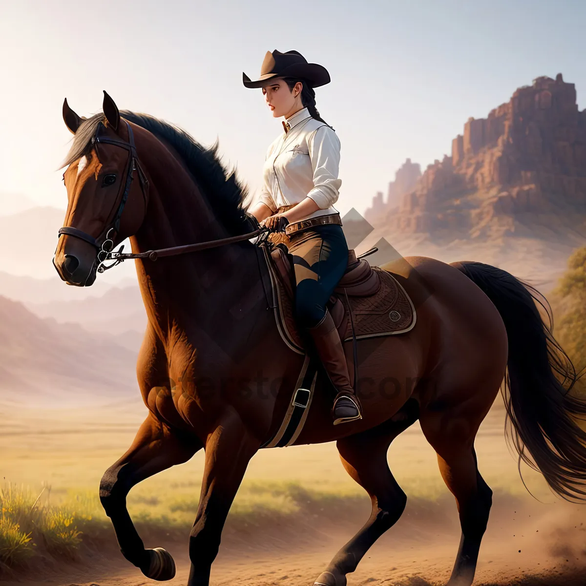 Picture of Brown Stallion Riding in Grass Field