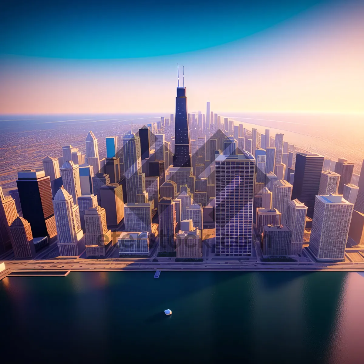 Picture of Nighttime Urban Skyline Over River with Skyscrapers