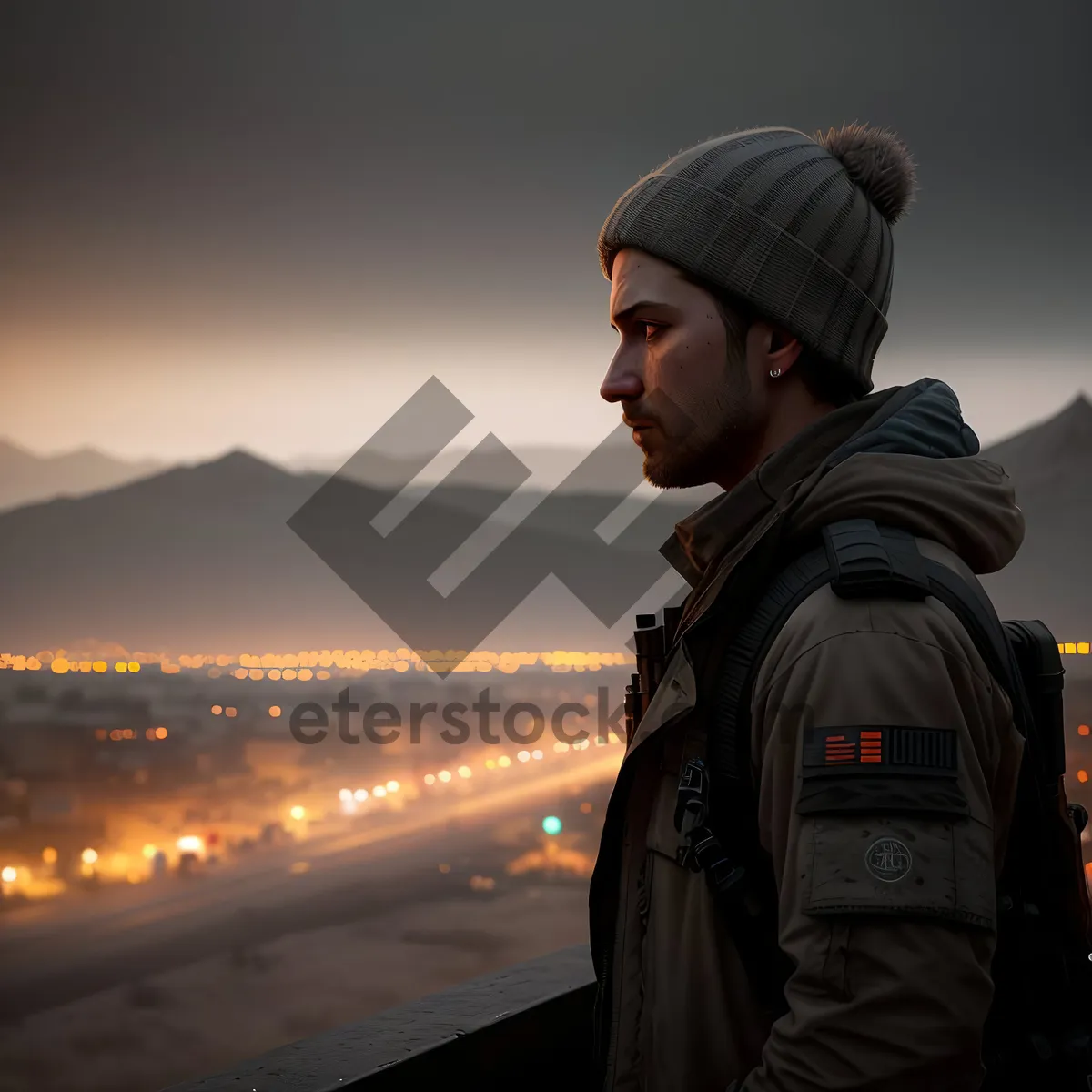 Picture of Happy male tourist in military uniform with backpack.