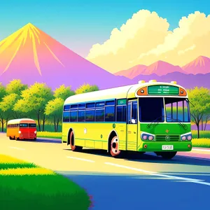 Sky-high Transport: Majestic Landscape with Bus and Truck