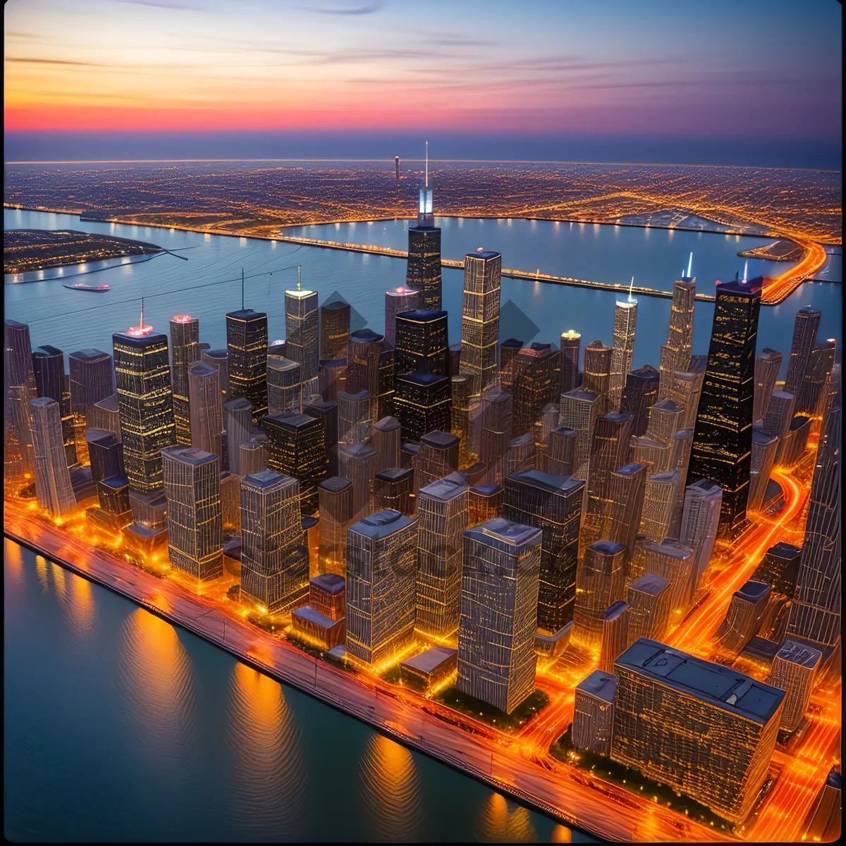 Picture of Dazzling Night Skyline Over River and Skyscrapers