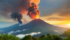 National Park Sunset Over Volcanic Mountains Landscape Fire