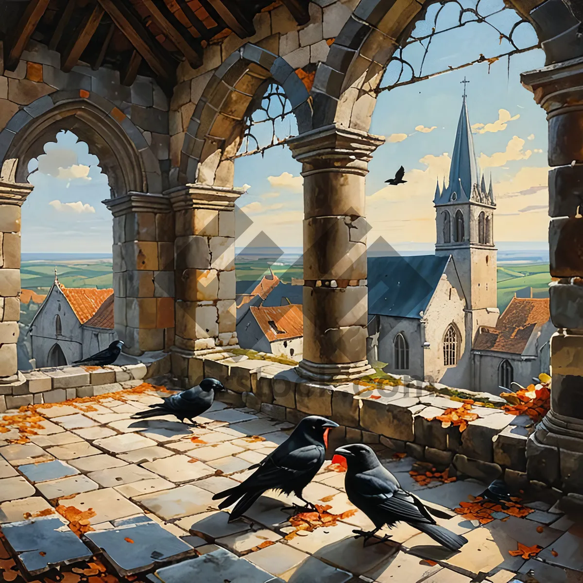 Picture of Historic Church Tower in Ancient City Skyline