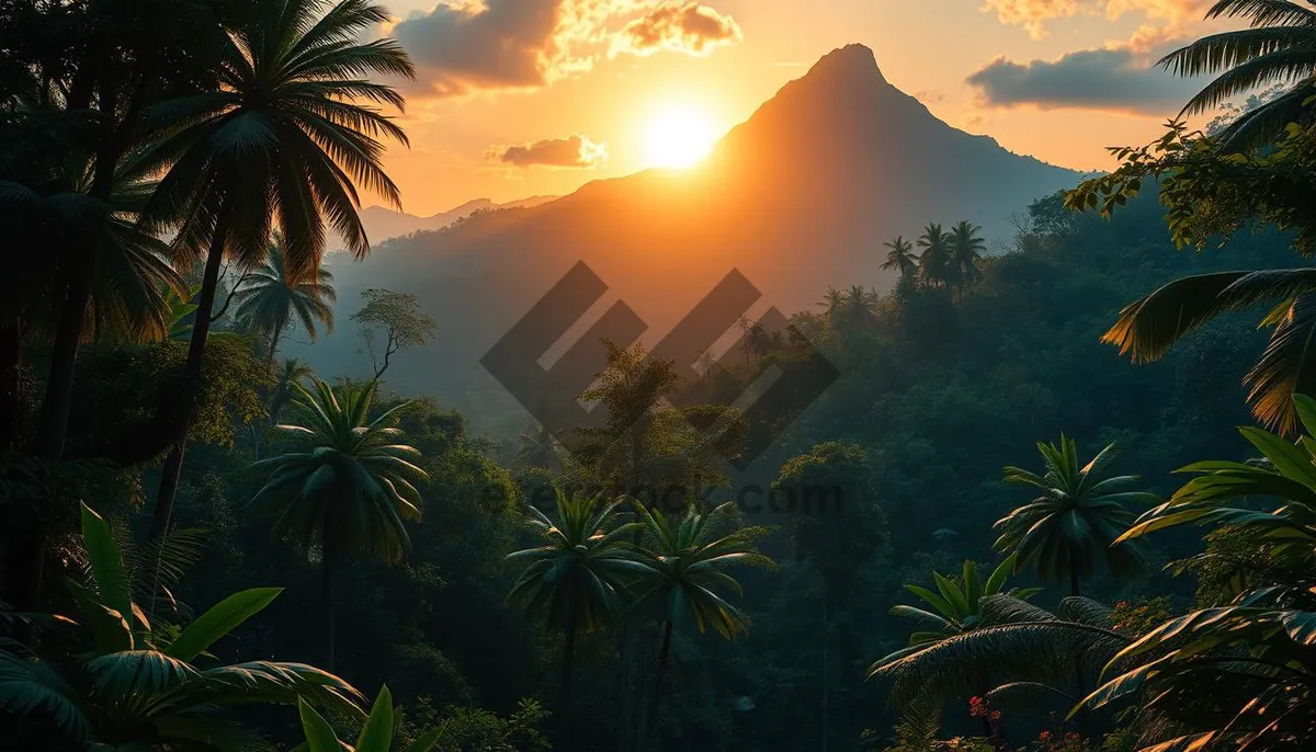 Picture of Tropical sunset over palm tree-lined beach.