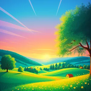 Sunny Meadow Horizon: Vibrant Landscape Under Clear Sky
