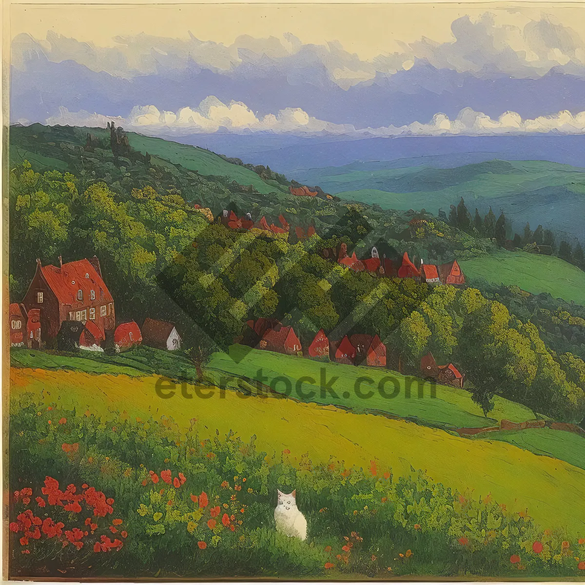 Picture of Serene Countryside: Rolling Hills, Fields, and Lush Blooms