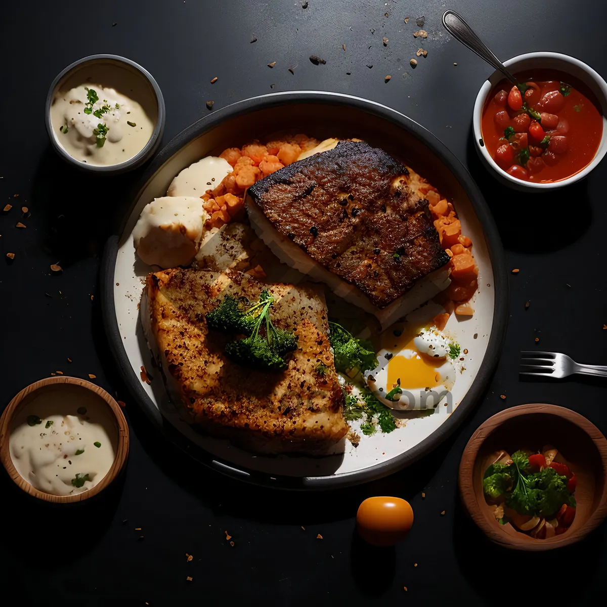 Picture of Healthy grilled steak with fresh vegetables and salad.