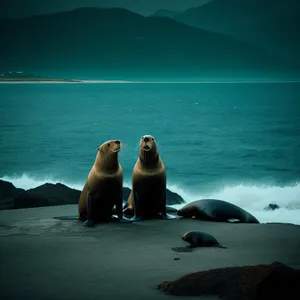 Seal lounging on rocky coastal shore.