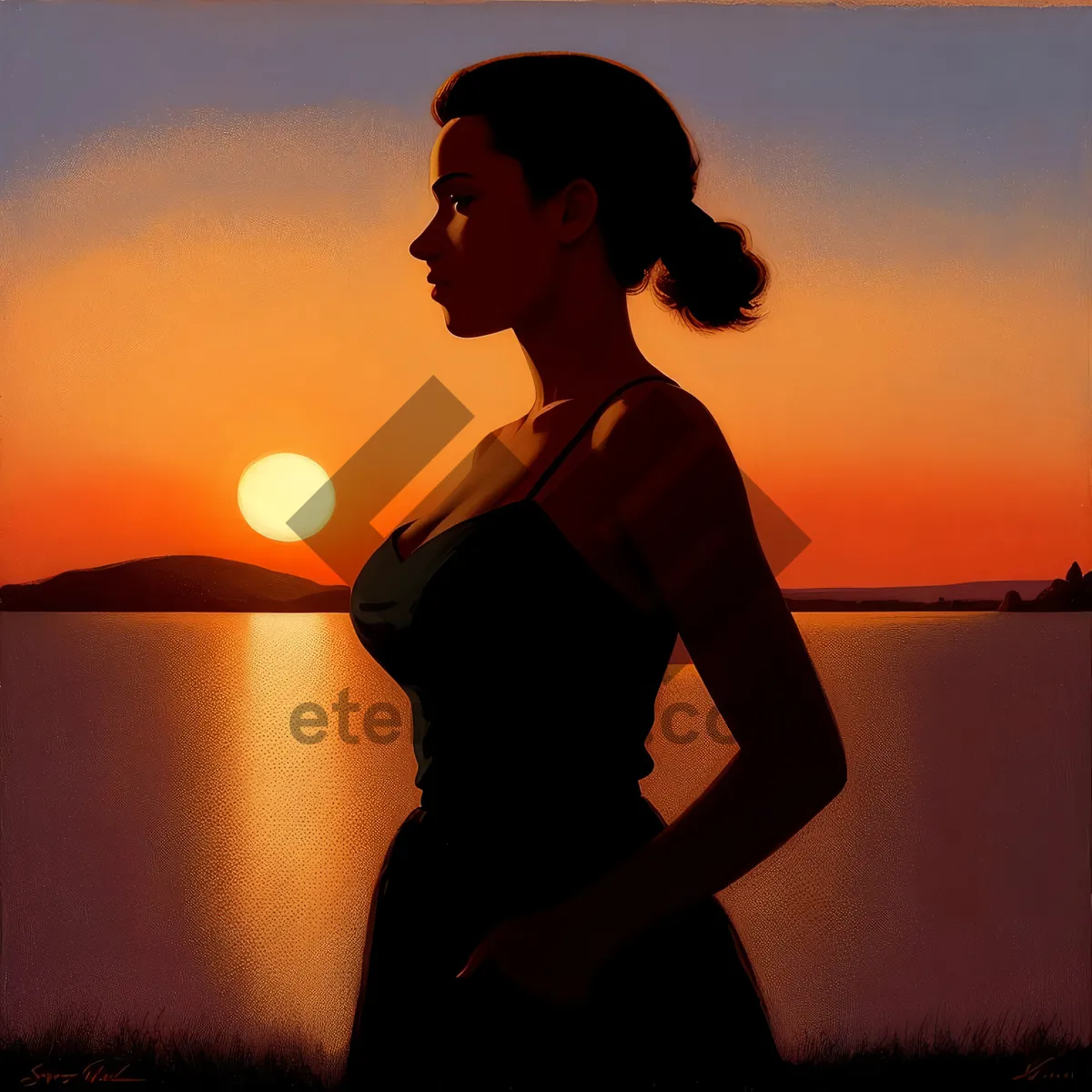 Picture of Sunset Silhouette on Beach: Tranquil Ocean Evening