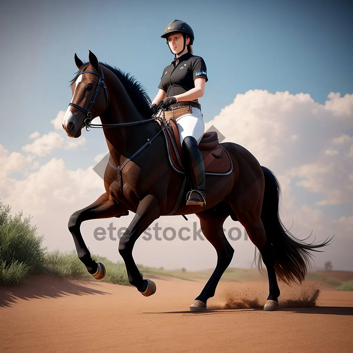 Picture of Professional jockey riding a spirited Thoroughbred stallion