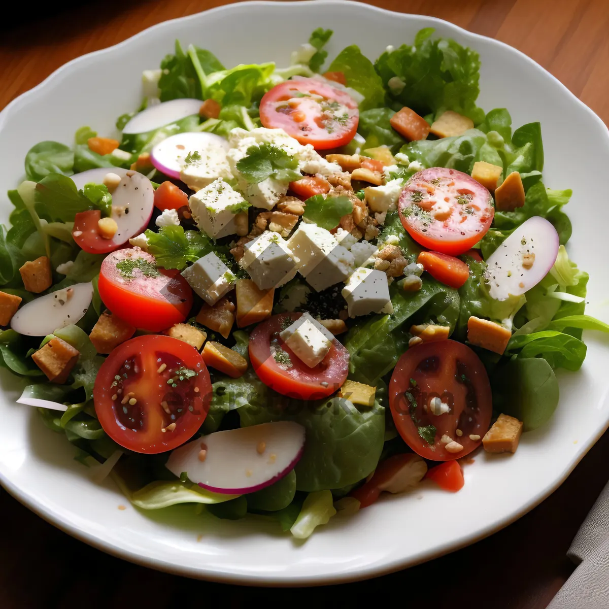 Picture of Fresh vegetable salad with cheese and tomato slices
