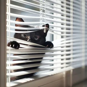 Black Cat Peeking Out Of White Blinds