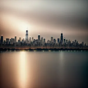 Riverside Cityscape at Sunset with Towering Skyscrapers