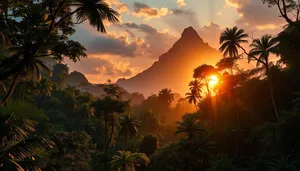 Tropical sunset silhouette over tranquil beach scene