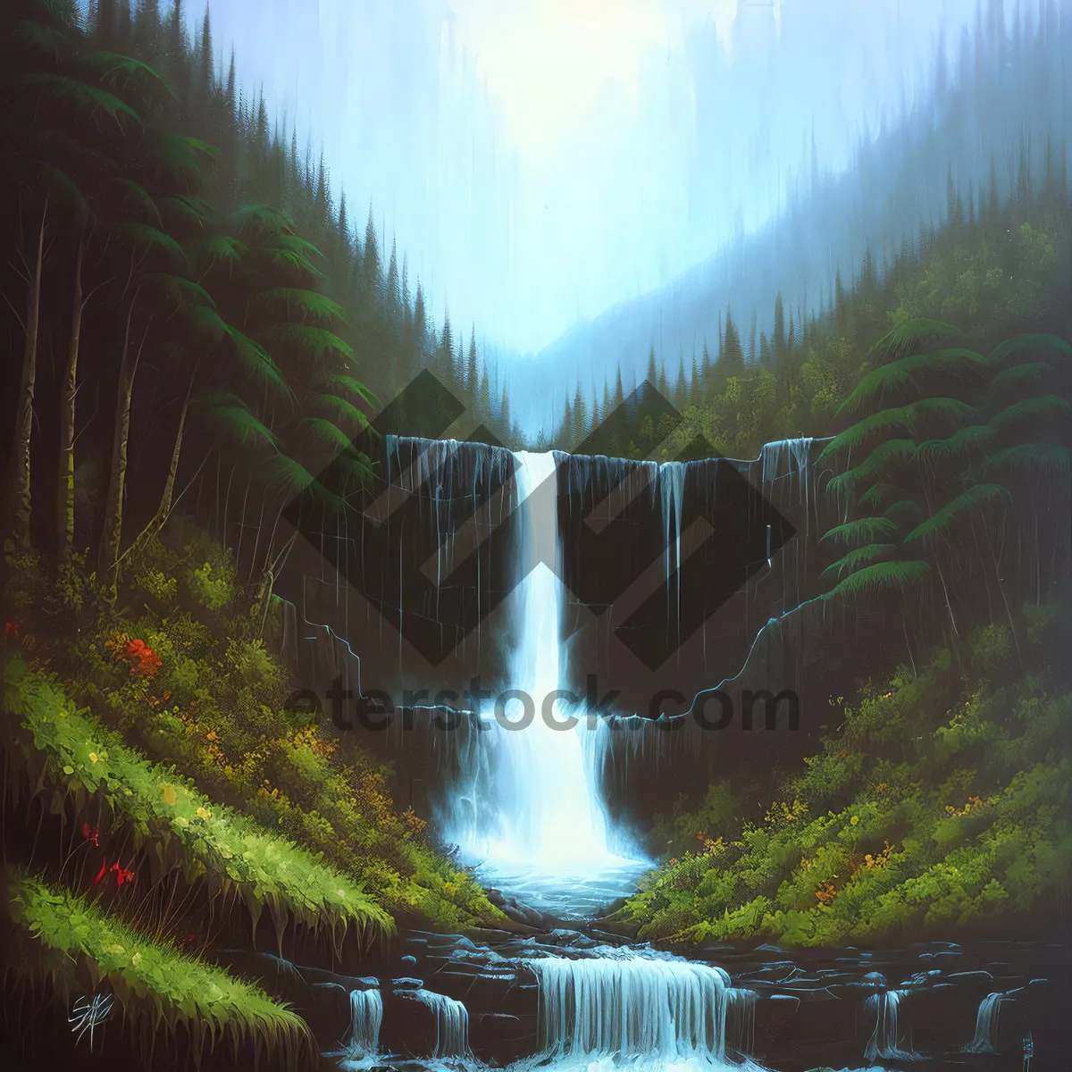 Picture of Serene Waterfall amidst Lush Forest and Rocky Landscape