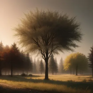 Golden rays illuminate serene woodland landscape.