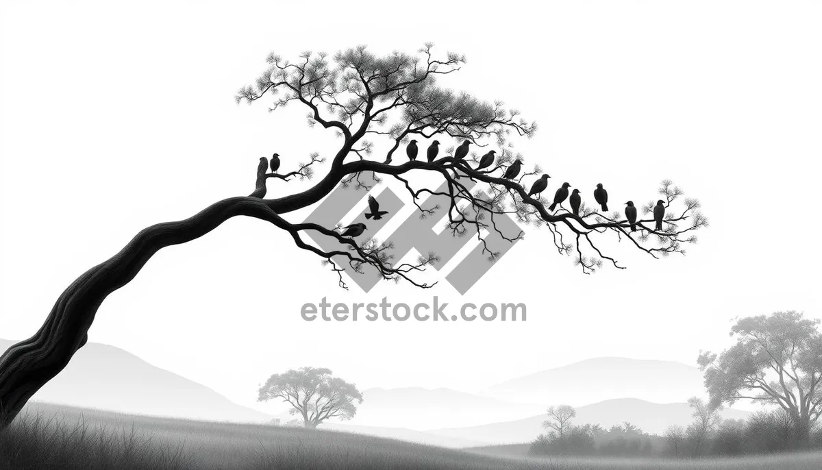 Picture of Black silhouette of oak tree branch design art.