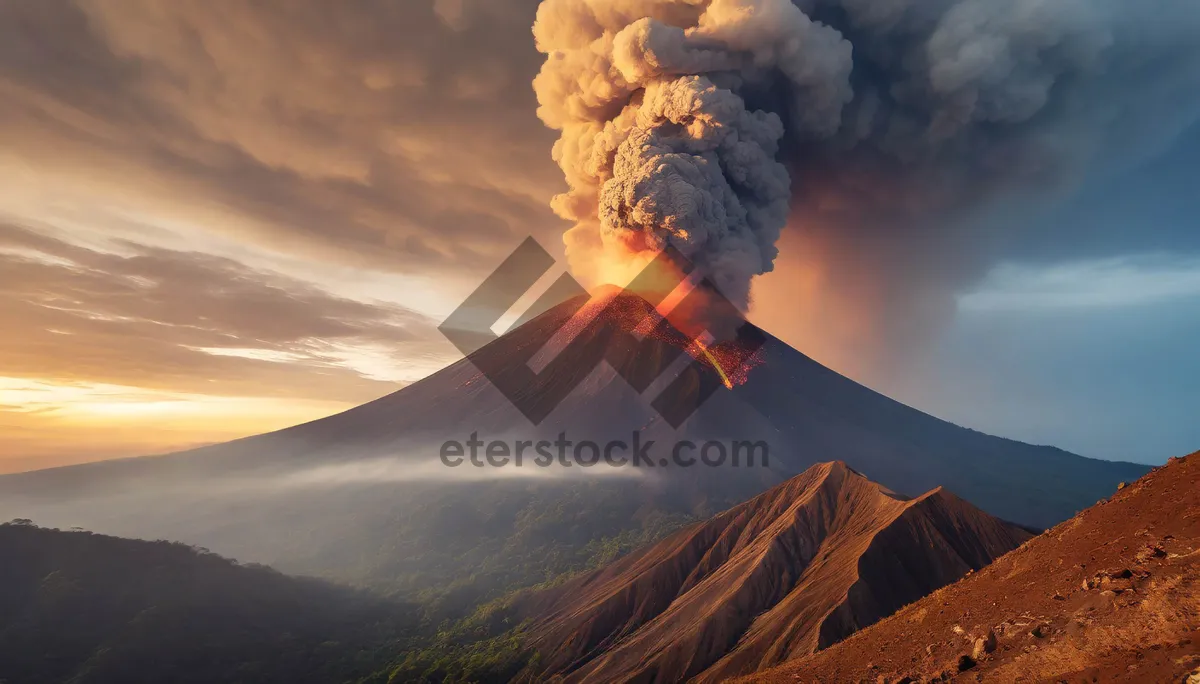 Picture of Erupting volcano against fiery sky in mountain landscape.