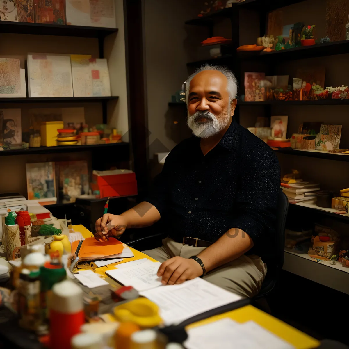 Picture of Smiling man enjoying his time at indoor tobacco shop counter.