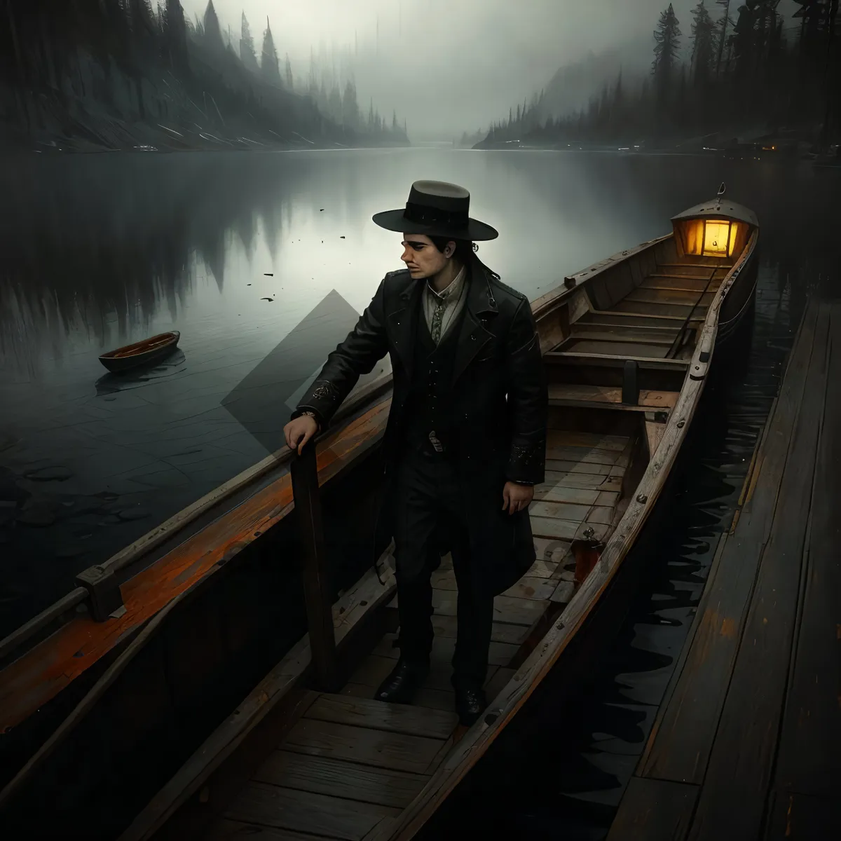 Picture of Boat on serene lake with barrier