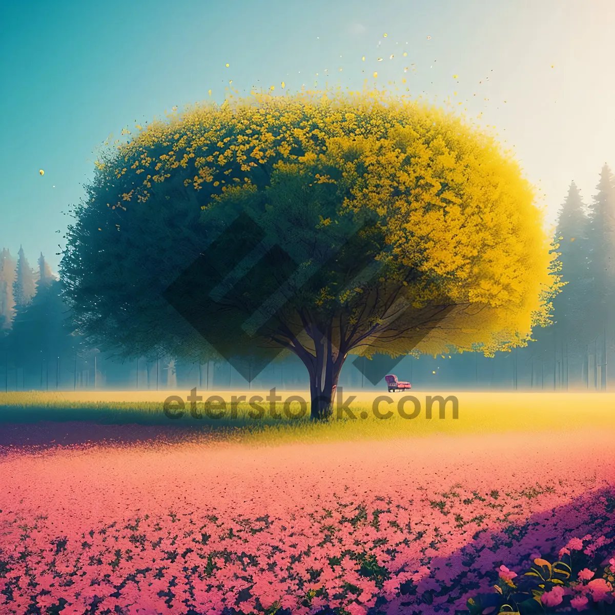 Picture of Sunny Meadow with Yellow Tree and Clear Sky