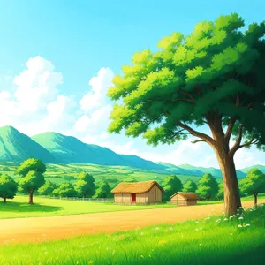 Idyllic countryside landscape with oak tree and golf course
