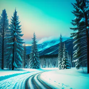 Winter Wonderland Cityscape with Snow-Covered Fir Trees