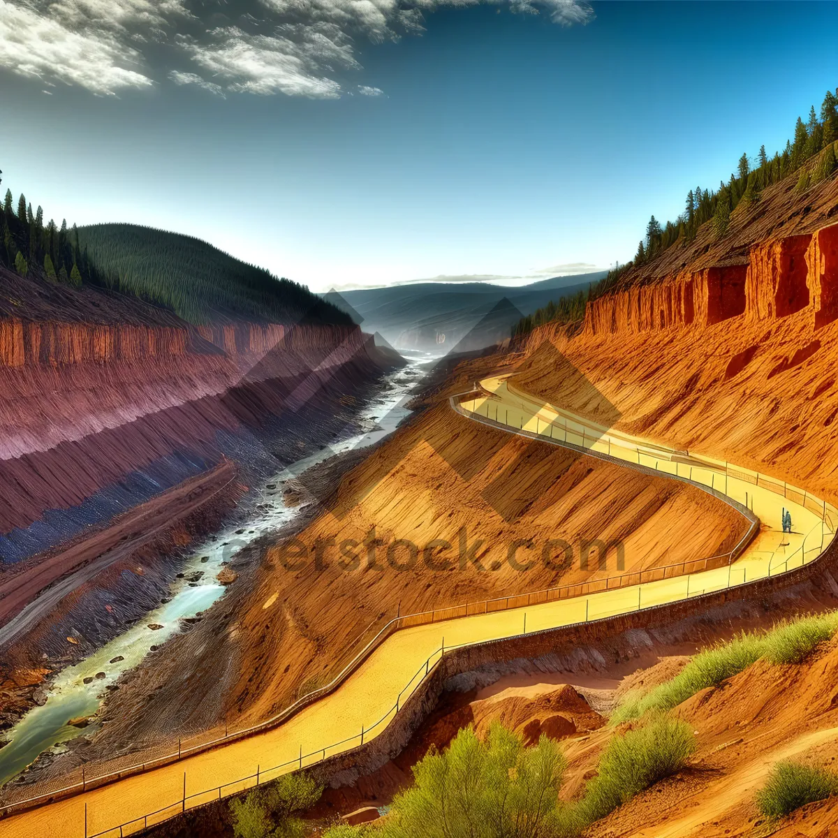 Picture of Scenic River with Mountainous Landscape and Barrier