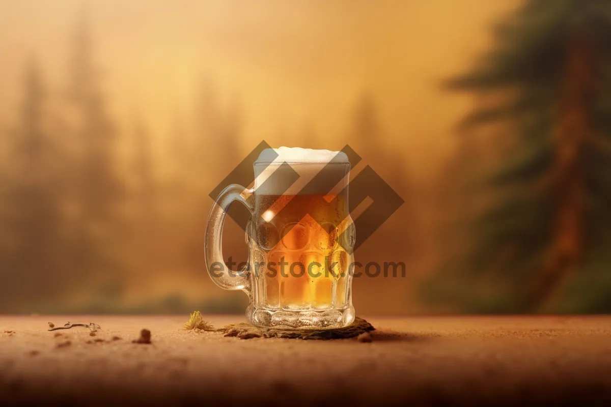 Picture of Yellow mug with frothy beer on bar counter.