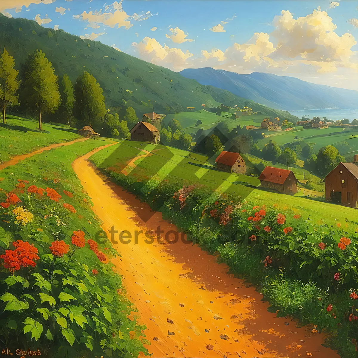 Picture of Rural Farm Landscape with Day Lilies and Mountains