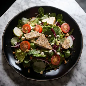 Grilled chicken salad with fresh vegetables and sauce
