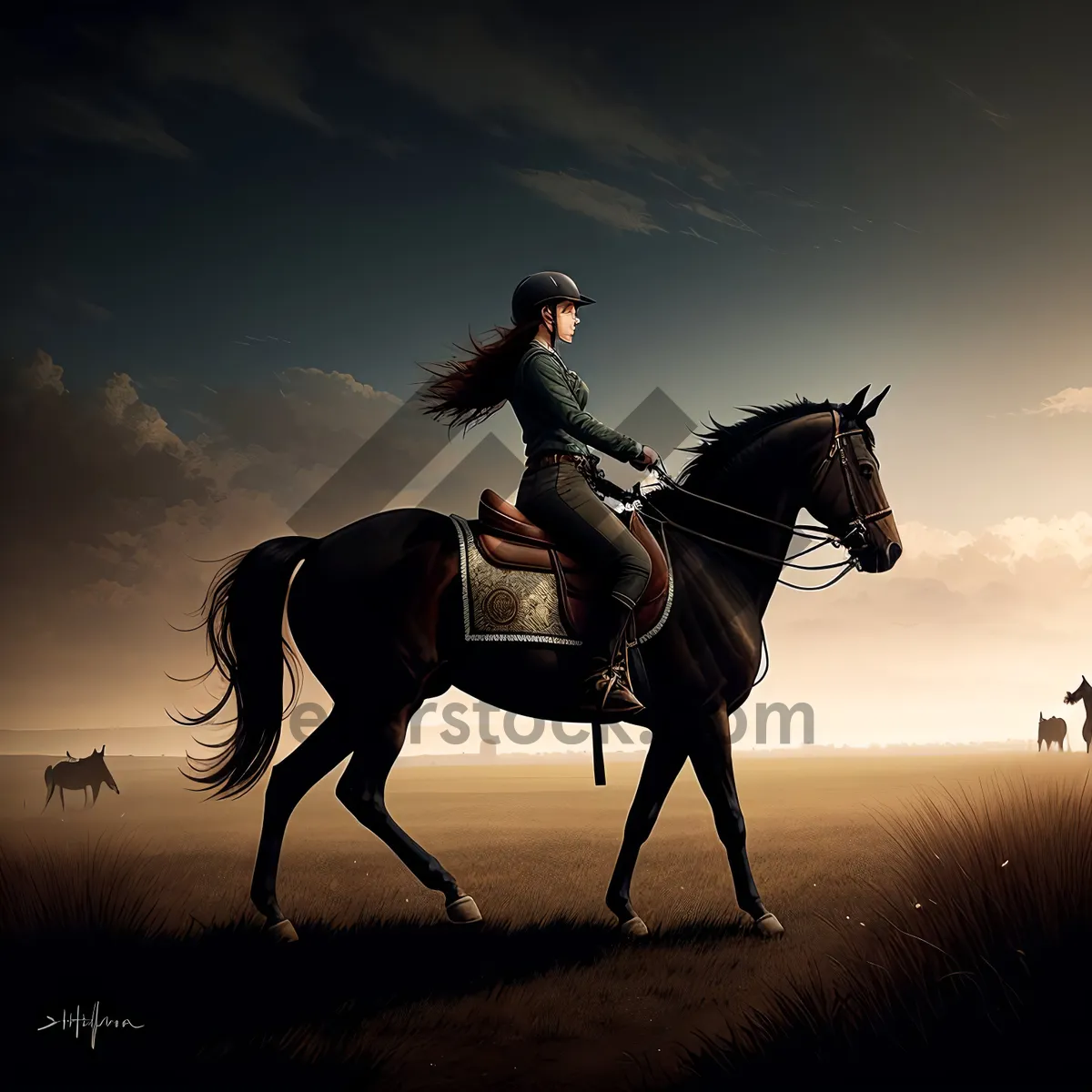 Picture of Silhouette of a Cowboy Riding a Stallion at Sunset