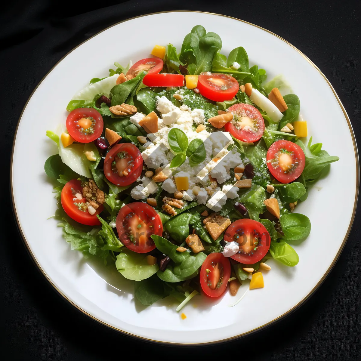 Picture of Delicious gourmet salad with fresh vegetables and cheese.