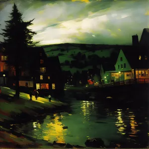Cityscape at night reflecting on calm lake water