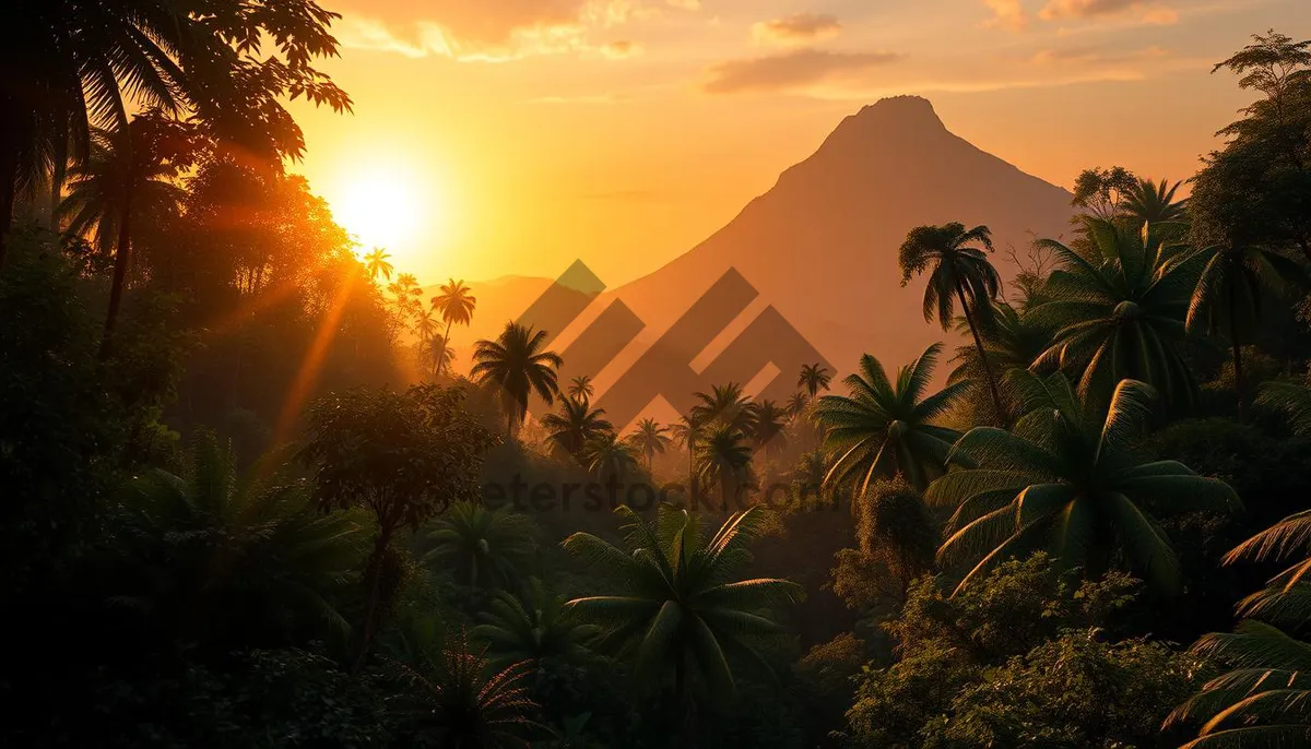 Picture of Tropical sunset over palm trees by the ocean.