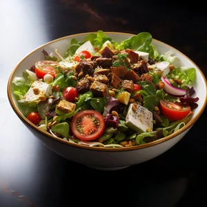 Delicious salad plate with fresh vegetables and cheese