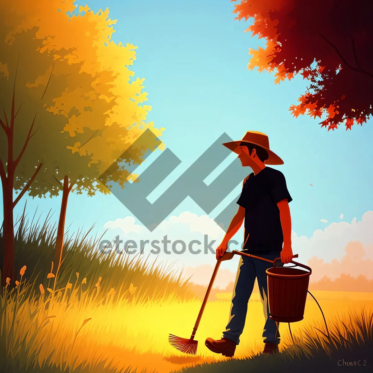 Picture of Male Farmer at Sunset Engaged in Sport