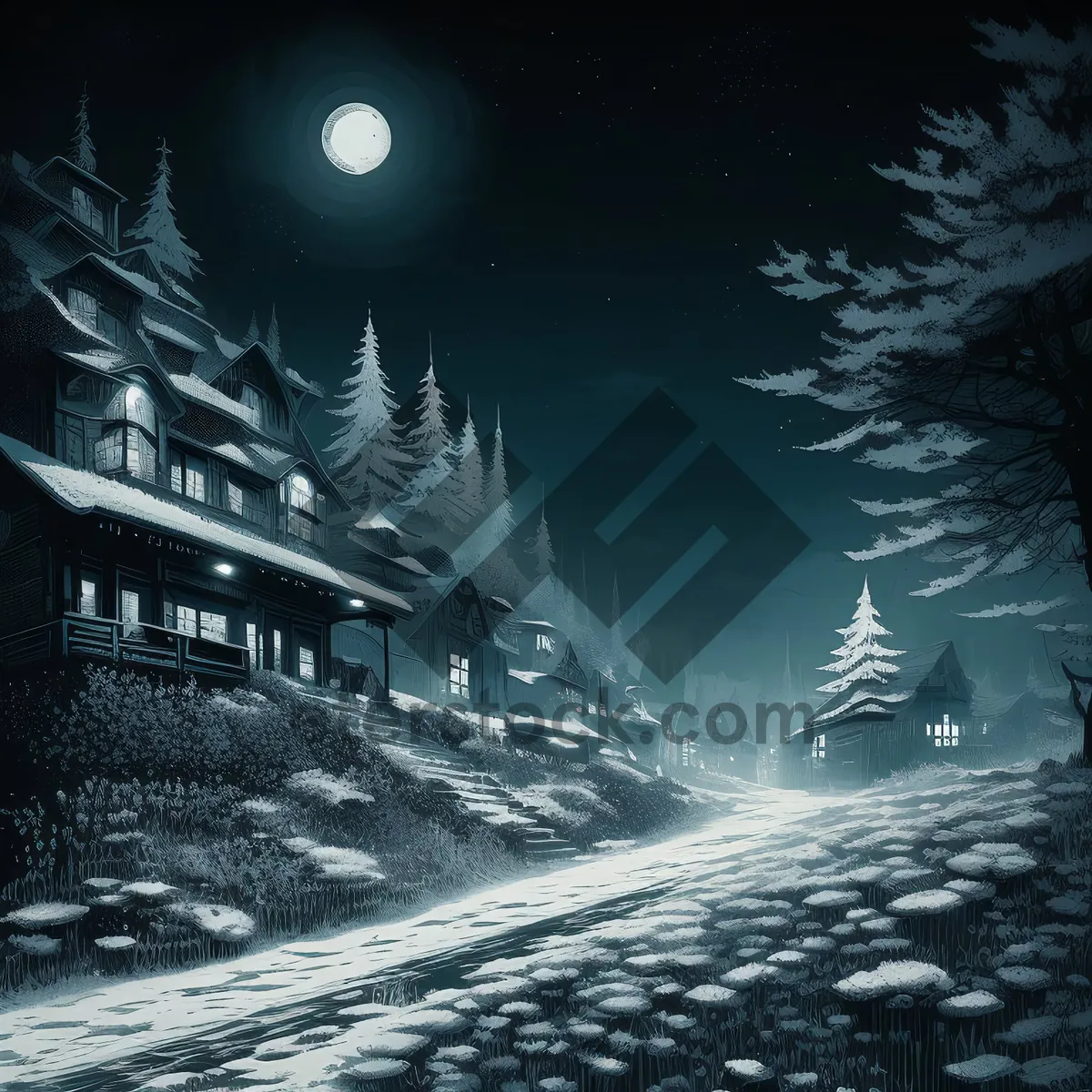 Picture of Starry night sky over snowy landscape