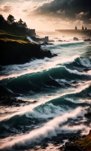 Tropical island beach with rocky coastline and waves.