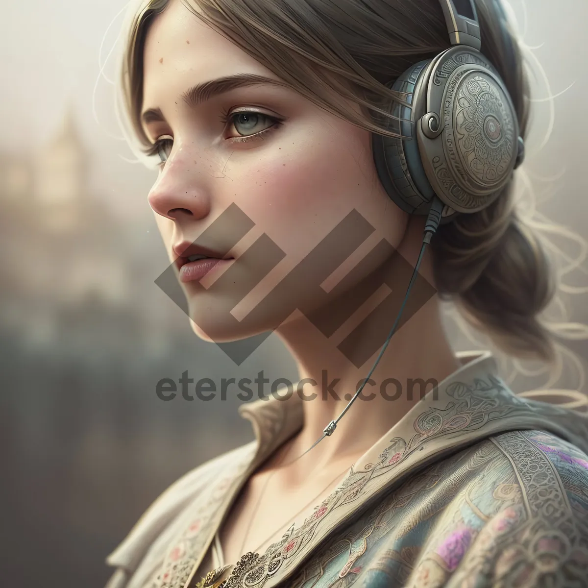 Picture of Smiling brunette model with headphones and phone