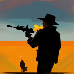 Silhouette Man with Sunset Sky and Rifle