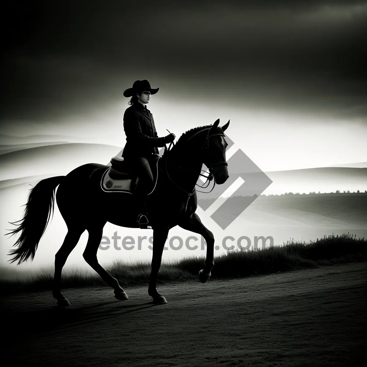 Picture of Silhouette of Cowboy Riding Stallion at Sunset