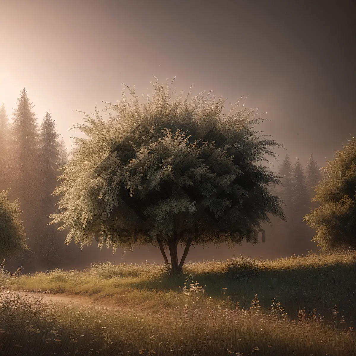 Picture of Serene Countryside Landscape with Majestic Cabbage Trees