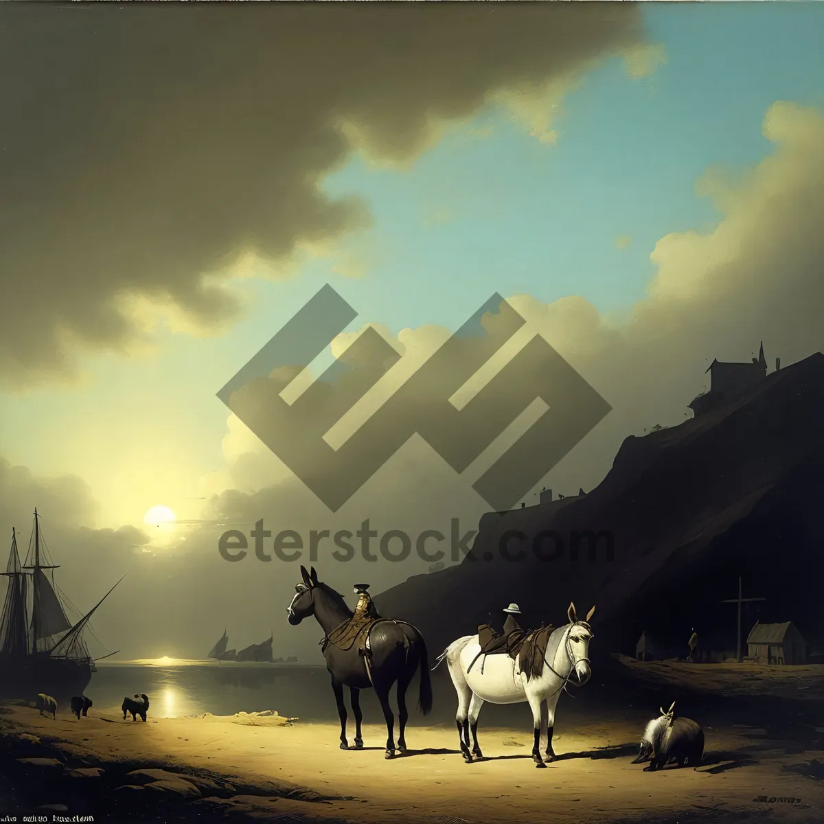 Picture of Silhouette sunset over water with ox cart.